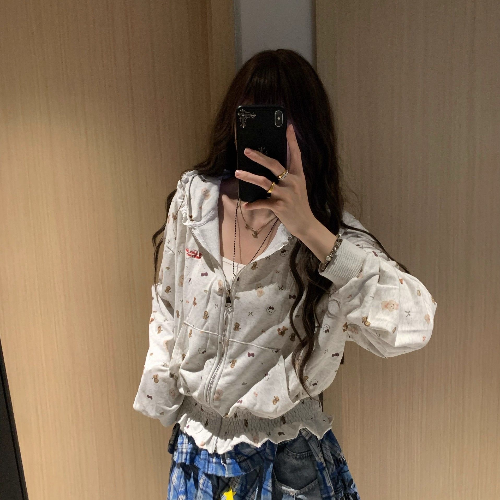 BY34268# 设计感小众美式复古碎花连帽卫衣女宽松休闲百搭开衫外套上衣秋潮 服裝批發女裝批發服飾貨源