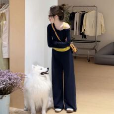 批发2025新款撞色假两件斜肩<b class='q'>t</b><b class='q'>恤</b>女早秋季韩系穿搭配休闲运动两件套装