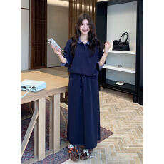 批发2025韩版大码韩系学院风减龄套装<b class='q'>条纹</b>拼接卫衣半身裙两件套