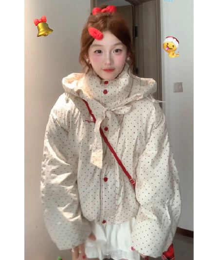 일본식 학원 스타일 색상 도트 무늬 후드 면 의류 여성 코트 겨울 새로운 두꺼운 보온 패딩 재킷 면 옷