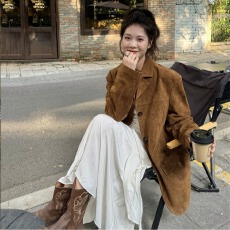 批发麂皮西装外套女2025春秋季新款美拉德棕色高级感小个子咖色上衣
