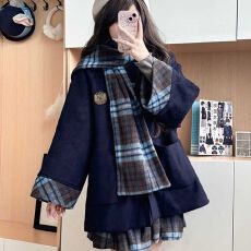 批发学院风JK<b class='q'>制服</b>套装女秋冬小个子牛角扣毛呢外套+格子百褶裙两件套