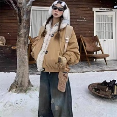 批发呆呆文冬季美式复古短款加厚麂皮仿羊羔毛棉服棉袄加厚外套上衣女