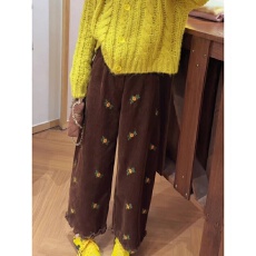 棕色灯芯绒直筒裤子秋季女装2025新款花朵刺绣裤脚花边拼接九分裤