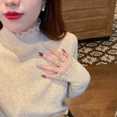 小香风半高领内搭打底衫女2025秋季新款珍珠薄款内搭蕾丝针织上衣