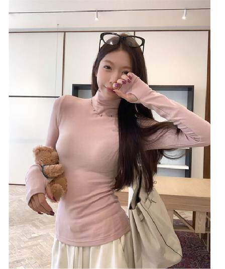 270 그램 리브 De 플러시 터틀넥 털이 있는 긴팔 티셔츠 여성 가을 겨울 신축성 몸매 가꾸기 다용도 맨위 기본 셔츠