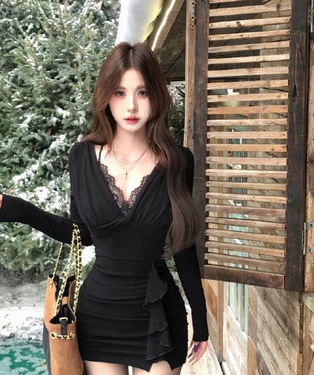 순수한 욕망 바람 핫걸 디자인 섹시함 레이스 페이크 레이어드 여성 드레스 가을 겨울 프릴 니트 타이트 스커트 짧은 치마