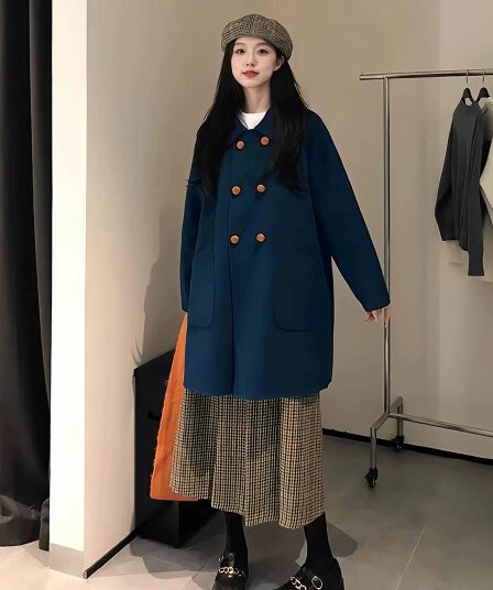 파란색 폴로 칼라 이중 버튼 모직 여성 코트 가을 겨울철 품격 캐주얼 슬림해 보이는 연령 감소 중간 길이 모직 코트