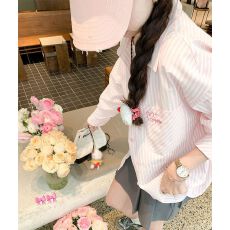 批发粉色条纹衬衫开衫外套夏季外搭女2026新款长袖防晒衬衣设计感上衣