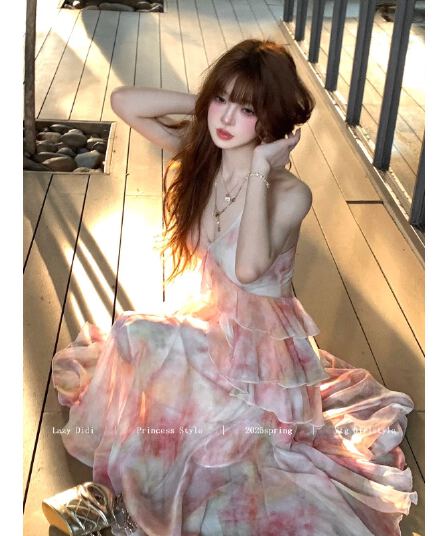 lazy didi 사랑의 신 편지 뗏목 낭만주의 휴가 허리 수축 드레스 프랑스식 불규칙 허리 수축 꽃무늬 슬립 드레스