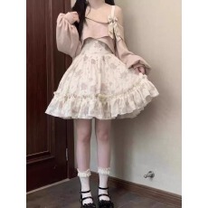 批发茶歇法式蔷薇碎花杏粉玫瑰吊带裙+粉色外套优雅连衣裙新款两件套