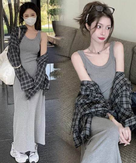 2026 년 새로운 여름 회색 조끼 슬립 드레스 아이들 가을 겨울철 작은 키 인사이드 가져 가라. 만나는 롱 스커트