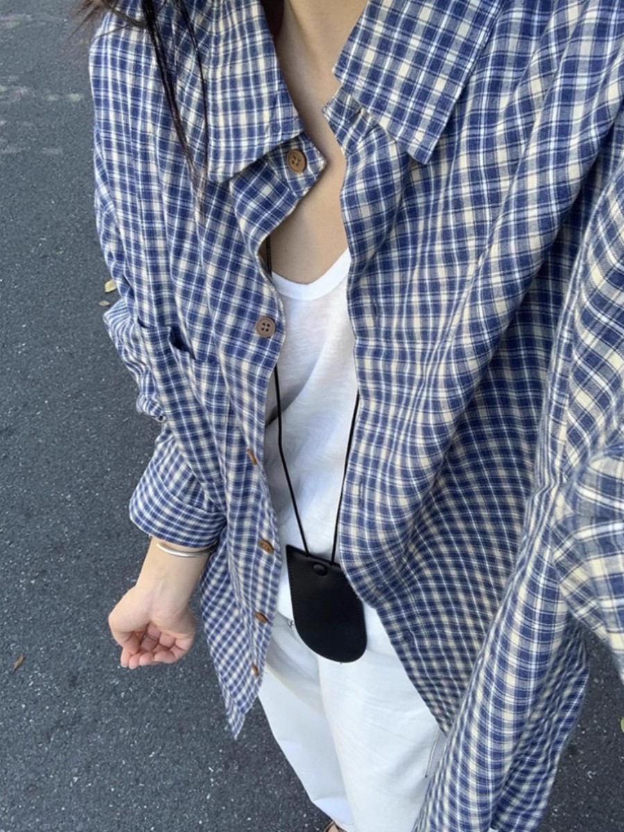 레트로 작은 대중 파란색 긴팔 체크무늬 여성 셔츠 느긋한 바람 캐주얼 체크무늬 루즈핏 외부 가져 가라. 셔츠