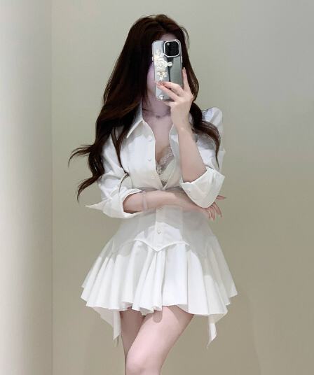 순수한 욕망 바람 핫걸 싱글 줄 버튼 셔츠 여성 드레스 봄 새로운 고유 한 Chic 허리 수축 슬림해 보이는 품격 미니 스커트