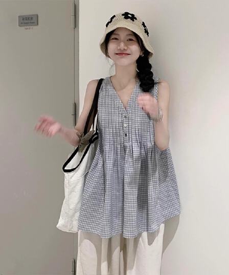 컬러 짜임 천 파란색 체크무늬 민소매 V넥 조끼 작은 맨위 여성 여름 외출용 2026 새로운 여름 아름다운 ins