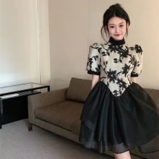 批发原版做法：改良旗袍短袖连衣裙女装夏季新款中式拼接中长款裙子