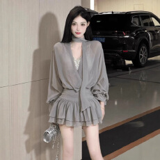 批发法式黑色飘带雪纺长袖<b class='q'>连衣裙</b>女装夏季气质收腰a字短裙巨好看裙子