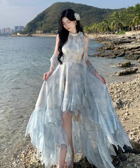 2026 여름 새로운 낭만주의 프린트 휴가 프릴 불규칙 진자 요정 행침 목 드레스 신선함 아름다운