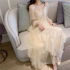 批发裙子新款法式初恋桔梗仙女裙ins超仙显瘦吊带长袖连衣裙<b class='q'>两件套</b>