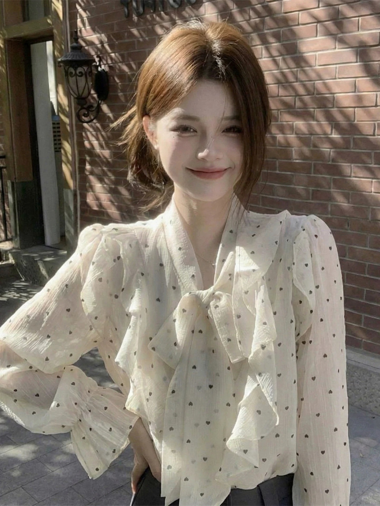도트 무늬 긴팔 얇은 스타일 자외선 차단 레이스 기본 셔츠 나비 매듭 쉬폰 셔츠 여성 의류 셔츠 맨위 여름 여성