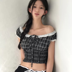 批发韩国chic夏季减龄复古小众设计感气质时尚抽绳领口修身短袖衬衫女