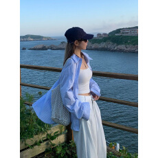 批发港风气质蓝色宽松polo领衬衫外套女早春季复古独特别致高级感上衣