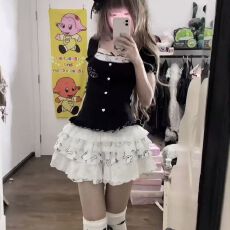 批发夏季y2k学院风套装裙可爱拼接假两件黑色上衣<b class='q'>蓬蓬</b>蛋糕裙两件套女