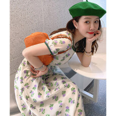 韩国chic夏季法式小众圆领高级碎花褶皱收腰显瘦泡泡袖连衣裙女