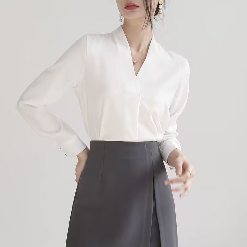없음 칼라 화이트 여성 셔츠 저항 주름 작업복 맨위 봄 가을 고급 센스 품격 쉬폰 V넥 경력 긴팔 셔츠