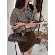 批发50%棉原版 新款设计感长袖格纹衬衫港风时髦感宽松polo领上衣女