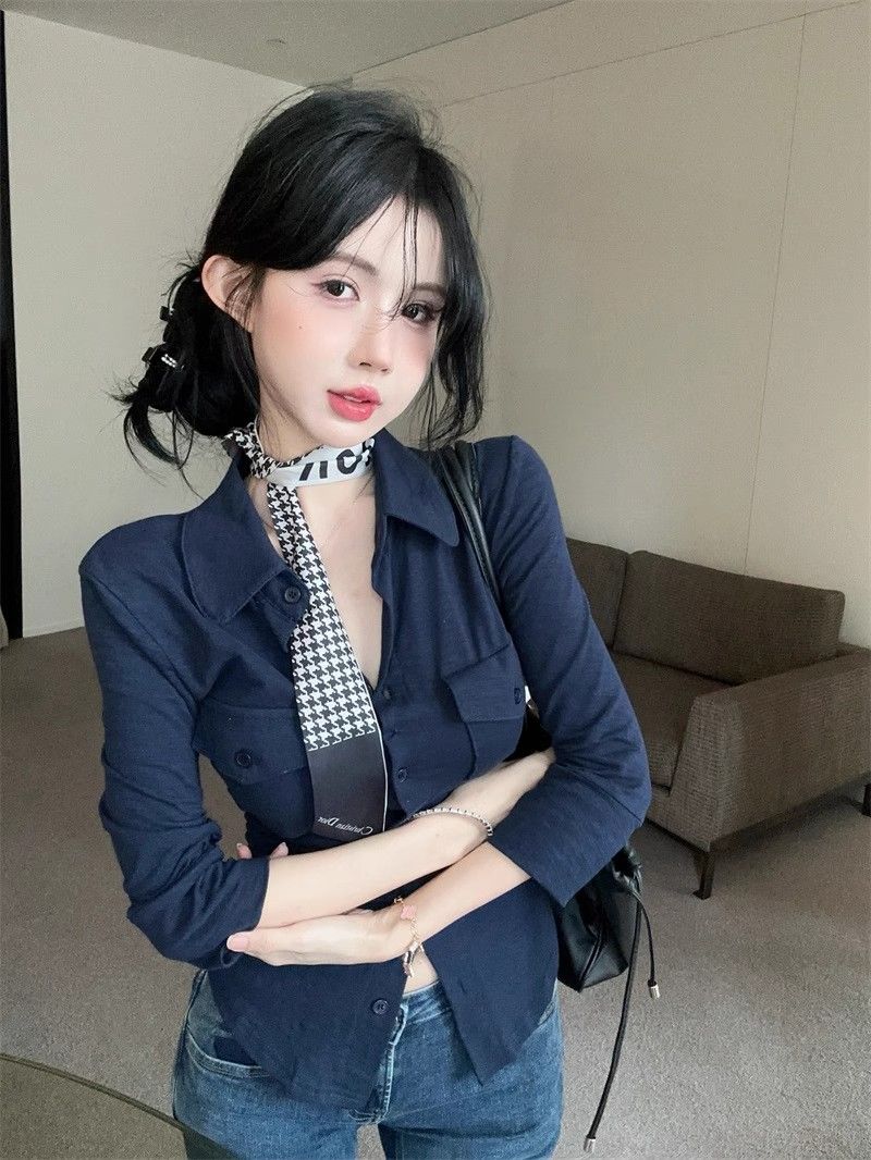 오래된 돈 바람 POLO 칼라 긴팔 여성 셔츠 여름 순수한 욕망 달콤한 핫걸 슬림해 보이는 맨위 고유 한 Chic 자외선 차단 셔츠