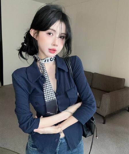 오래된 돈 바람 POLO 칼라 긴팔 여성 셔츠 여름 순수한 욕망 달콤한 핫걸 슬림해 보이는 맨위 고유 한 Chic 자외선 차단 셔츠