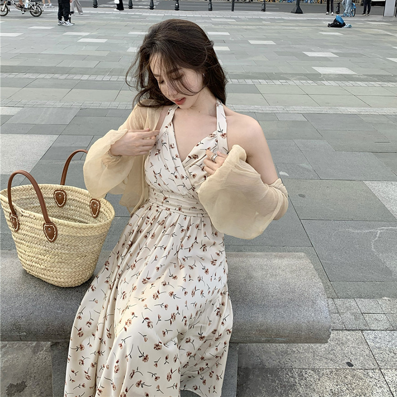 프랑스식 캄파넬라 세과 꽃무늬 행침 목 여성 드레스 여름 새로운 고급 센스 품격 허리 수축 슬립 롱 스커트