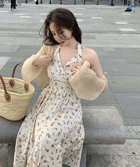 프랑스식 캄파넬라 세과 꽃무늬 행침 목 여성 드레스 여름 새로운 고급 센스 품격 허리 수축 슬립 롱 스커트
