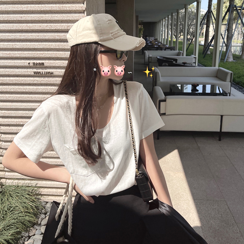 순면 한국 동대문 패션 인터넷 에디션 u 칼라 반팔 티셔츠 여성 여름 인사이드 가져 가라. 외출용 다용도 ins 추세