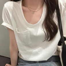 批发纯棉<b class='q'>韩国</b>东大门时尚净版U型领短袖T恤女夏季内搭外穿百搭ins风潮