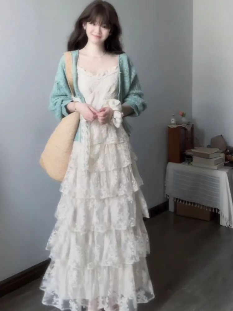 한 부서 부드러운 바람 투피스 세트 박하 녹색 홀로우 아웃 오픈 가디건 레이스 조각 케이크 드레스 여성 패션 품격 세트