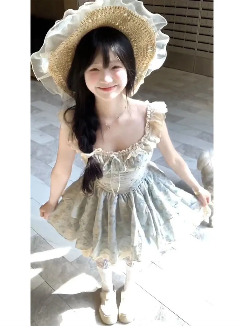 원본 품질 프랑스식 레트로 작은 날다 소매 레이스 싸움 꽃무늬 허리 수축 드레스 허리 수축 슬림해 보이는 공주 드레스