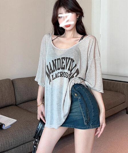 경관 그림 원본 주간 실크 양모 대 u 칼라 마이크로 ~을 통해 루즈핏 중간 길이 반팔 티셔츠 여성 의류 빅 사이즈 여름