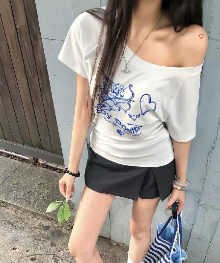 220 그램 92 면 8 암모니아 Lun 아메리칸 핫걸 비스듬한 어깨 알파벳 프린트 반팔 티셔츠 여성