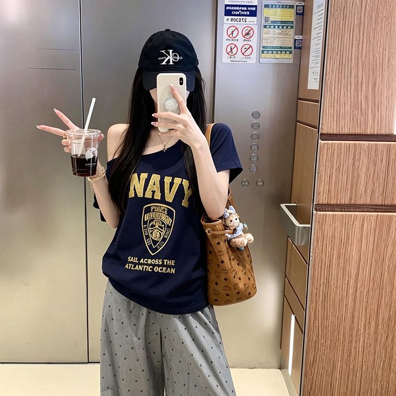 RY3949# 美式辣妹斜肩字母印花短袖T恤女