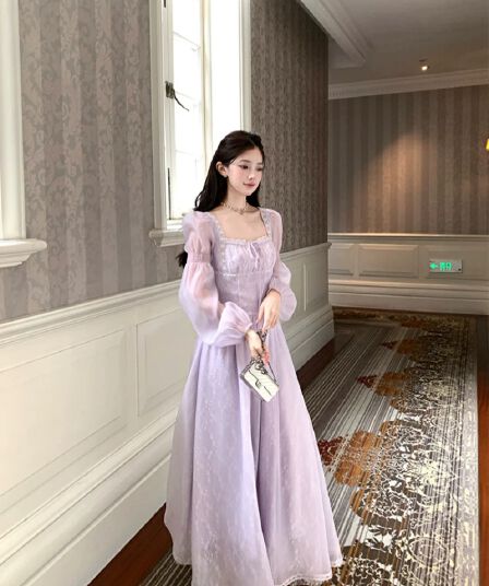신선함 보라색 롱 코트 광장 칼라 긴팔 여성 드레스 여름 프랑스식 레트로 천 금빛 바람 품격 허리 수축 치마