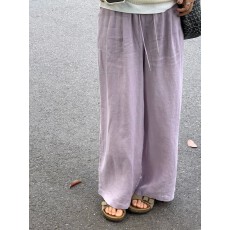 批发内包边 日系垂坠感阔腿裤女新款紫色棉麻裤子胖mm<b class='q'>大码</b>薄款直筒裤