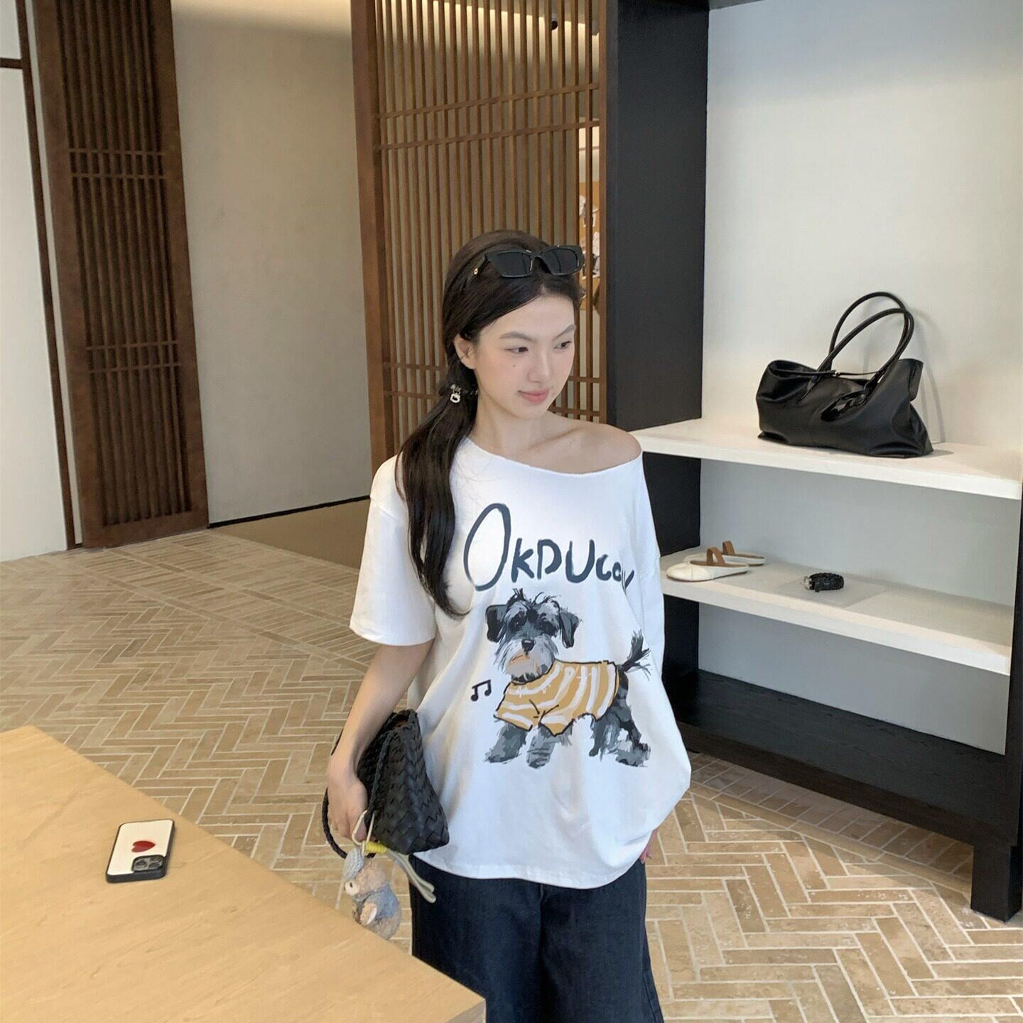 220 그램 92 면 8 암모니아 Lun 아메리칸 핫걸 비스듬한 어깨 알파벳 프린트 반팔 티셔츠 여성