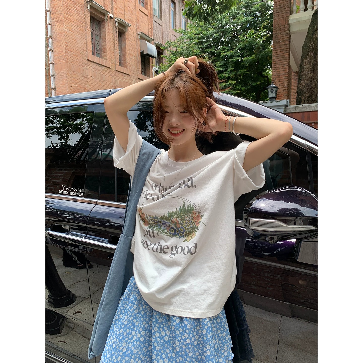 순면 이후 패키지 칼라 bm 조수 브랜드 인터넷 유명인 한국 스타일 하라주쿠 와이드 바람 소나무 맨위 캐주얼 프린트 연령 감소 반팔 티셔츠 여성