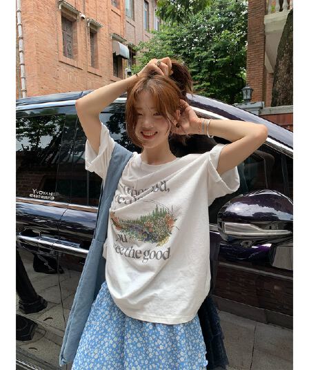 순면 이후 패키지 칼라 bm 조수 브랜드 인터넷 유명인 한국 스타일 하라주쿠 와이드 바람 소나무 맨위 캐주얼 프린트 연령 감소 반팔 티셔츠 여성