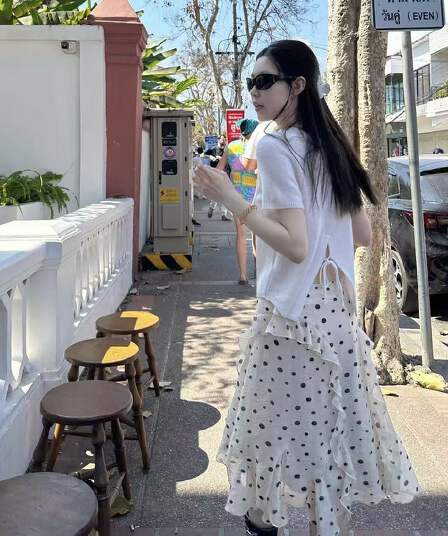 oker 챕터 쉘 도트 무늬 프릴 반신 스커트 요정 치마 주간 실크 한 부서 26 조기 봄 여름 새로운 한국 스타일 세트