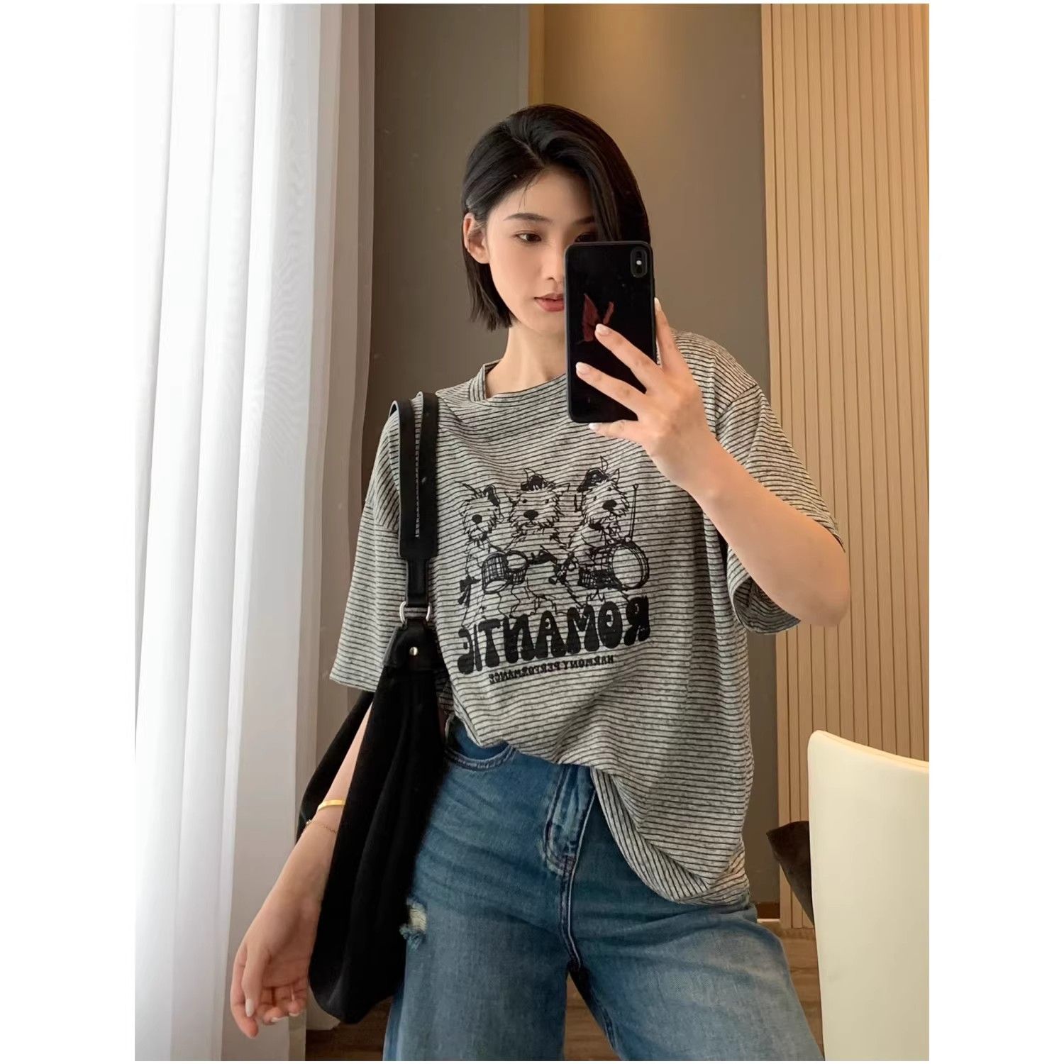 원본 질감 꽃 실 핀 스트라이프 아메리칸 레트로 강아지 프린트 스트라이프 반팔 티셔츠 여성 여름 반소매 맨위