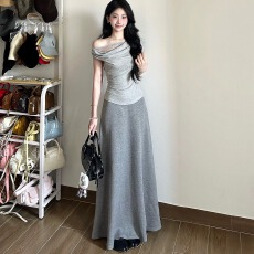 批发灰色斜肩露肩法式<b class='q'>连衣裙</b>子女夏季韩系巨好看穿搭一整套装绝美长裙