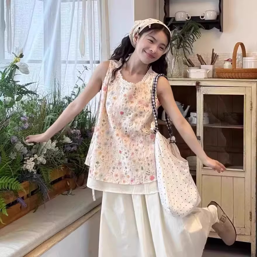 센 부서 무거운 작업 꽃무늬 조끼 세트 여성 여름 새로운 한 부서 달콤함 반신 스커트 느긋한 투피스 세트 작은 키